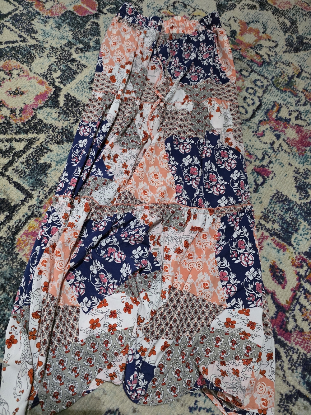 Bohemian Patchwork Floral Maxi Skirt - Navy & Coral
